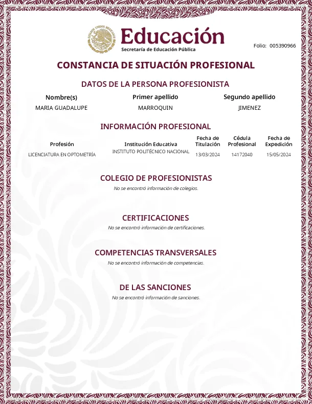 Diploma de Biografía de la Lic. Optometrista Guadalupe Marroquin