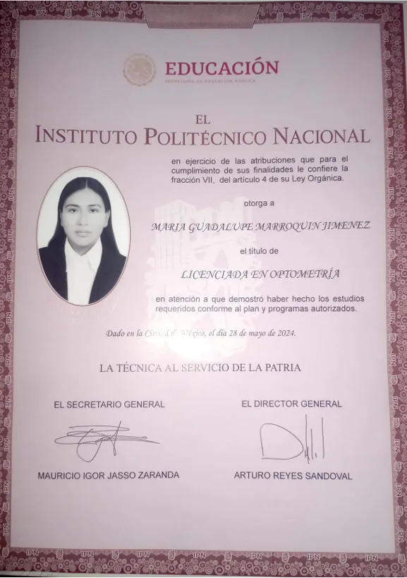 Diploma de Biografía de la Lic. Optometrista Guadalupe Marroquin